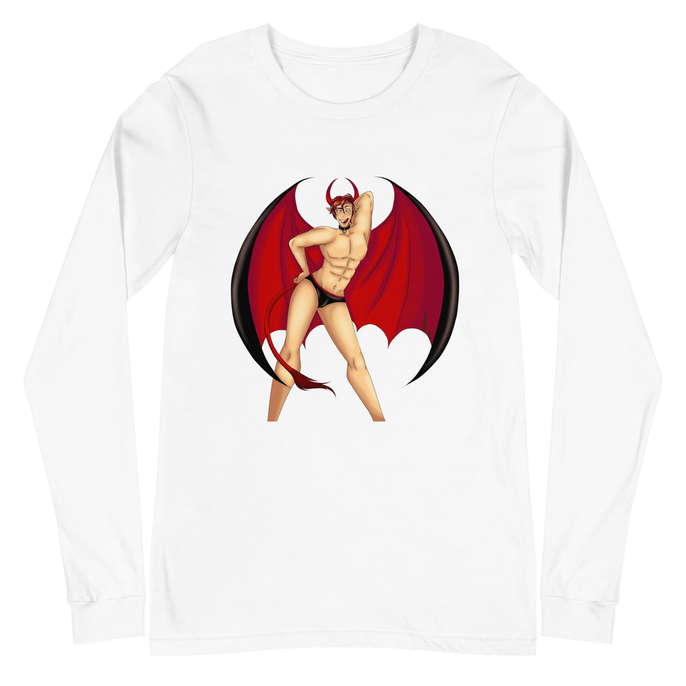 Front view of a white long-sleeve shirt with a horned devil in black briefs and red wings