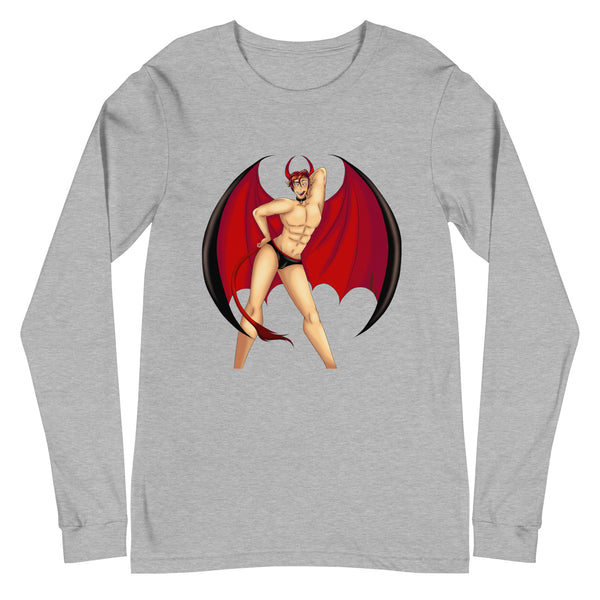 Front view of a heather-gray long-sleeve shirt with a shirtless horned devil in black briefs and red wings