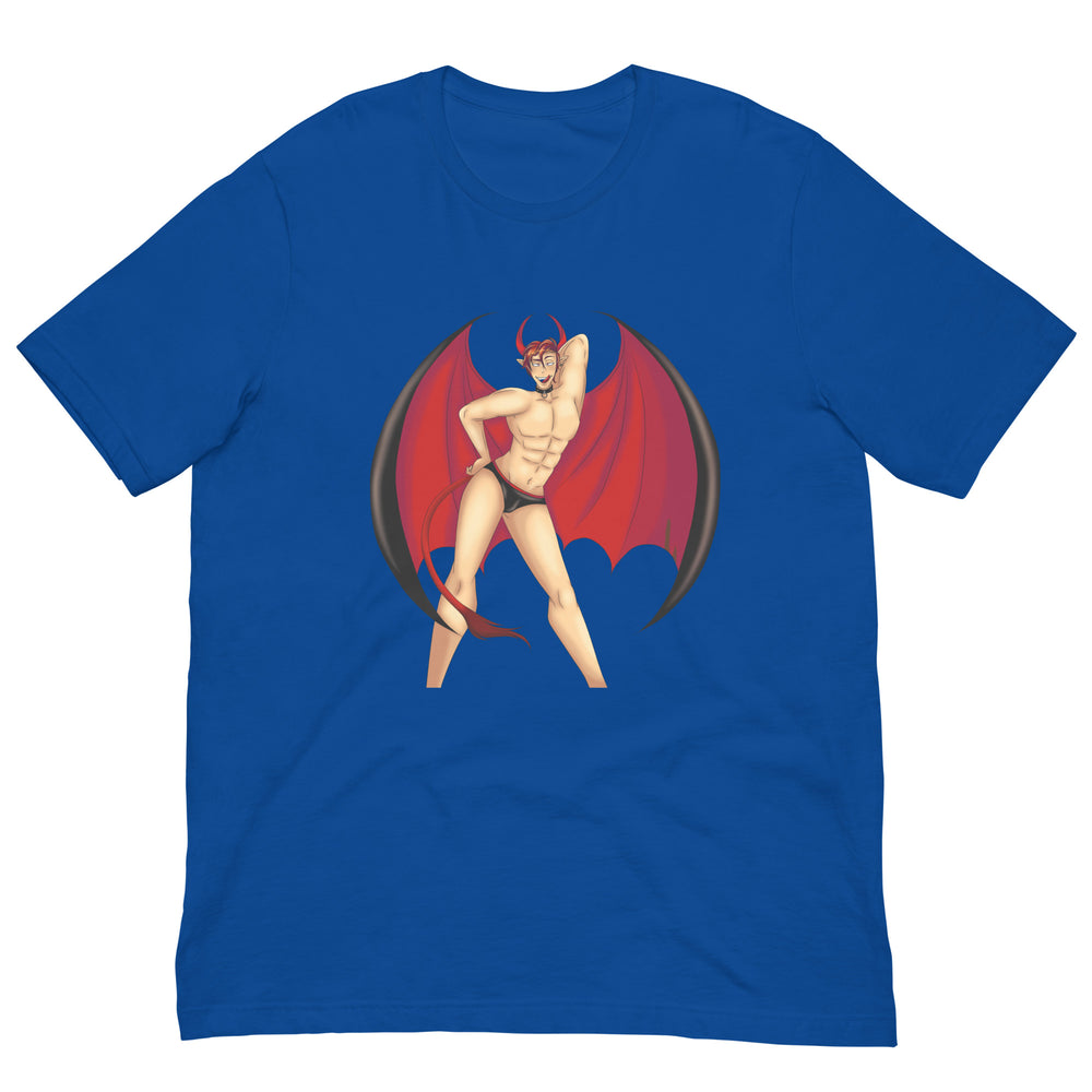Royal-blue T-shirt with a shirtless red-haired devil in black briefs and red wings