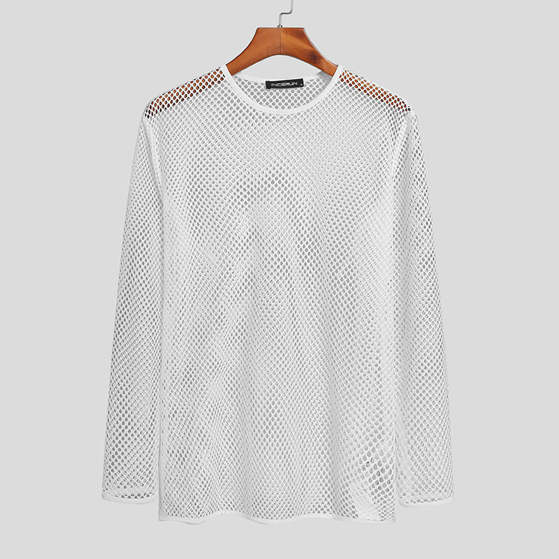 White long-sleeve fishnet shirt hanging on a wooden hanger