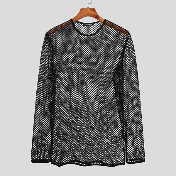 Front view of a black long-sleeve fishnet T-shirt on a wooden hanger