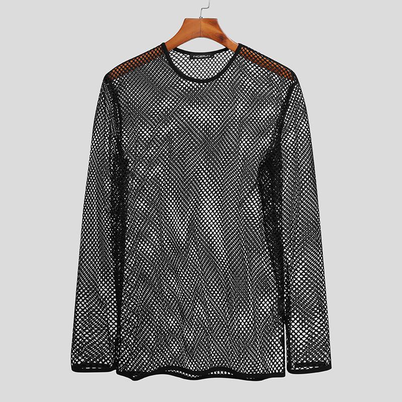 Front view of a black long-sleeve fishnet T-shirt on a wooden hanger