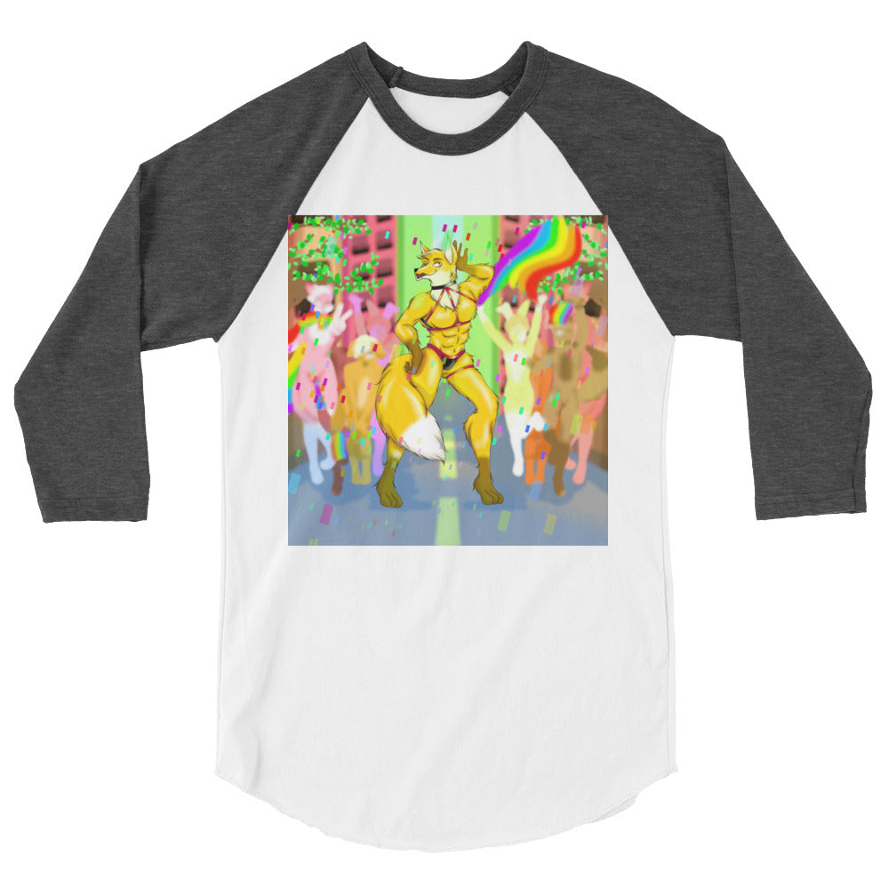 White and charcoal raglan shirt featuring a colorful dancing fox furry illustration