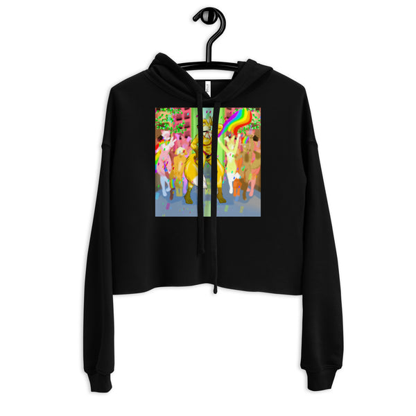 Front view of a black cropped hoodie with a colorful furry character and rainbow graphic