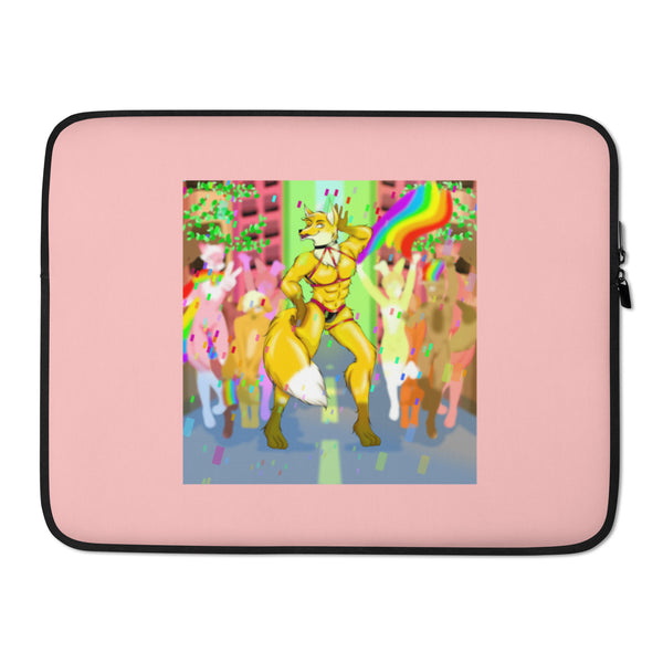 Pink laptop sleeve showing a muscular yellow fox furry in underwear at a colorful Pride party