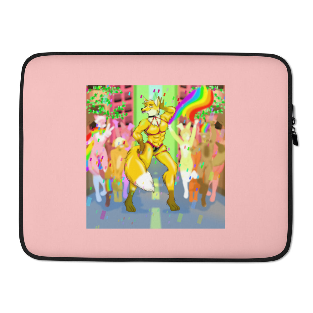 Pink laptop sleeve showing a muscular yellow fox furry in underwear at a colorful Pride party