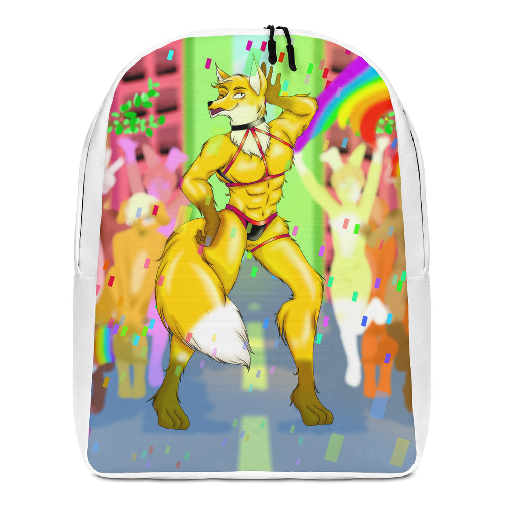 Front-view backpack with a golden furry fox in red harness gear amid rainbows and confetti