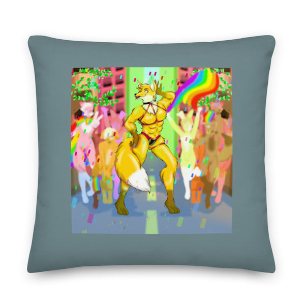Square blue-gray pillow with a muscular yellow fox furry in rainbow party artwork