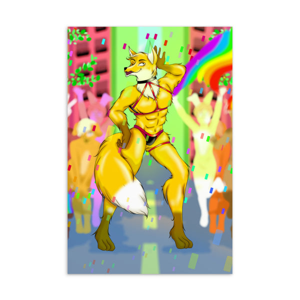 Illustrated postcard of a muscular yellow fox furry in red harness and briefs at a rainbow party