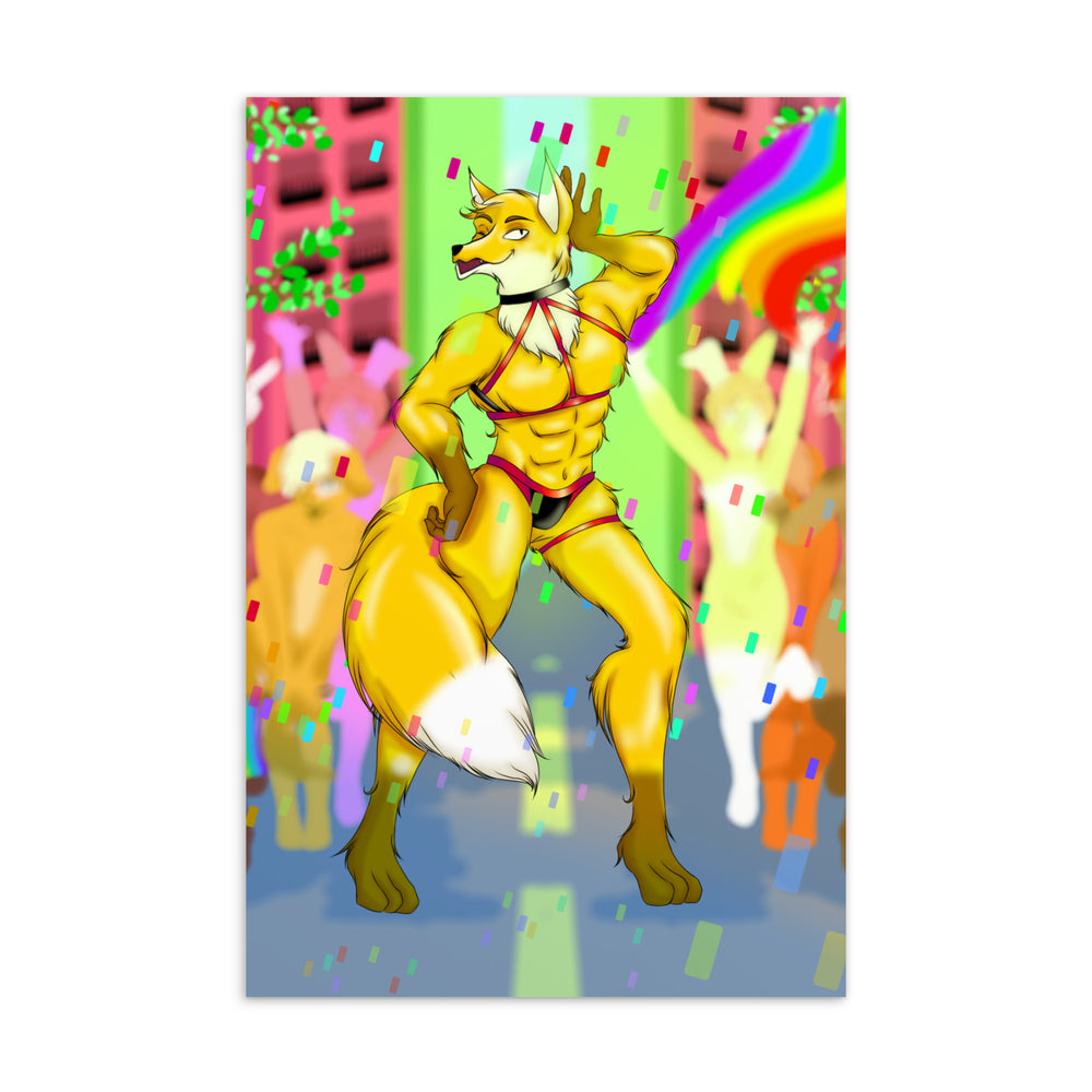 Illustrated postcard of a muscular yellow fox furry in red harness and briefs at a rainbow party