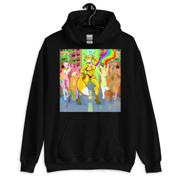 Black pullover hoodie with a colorful furry character in a harness and briefs at a pride celebration