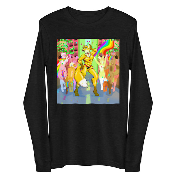 Black long-sleeve shirt with a colorful muscular fox furry dancing at a pride celebration
