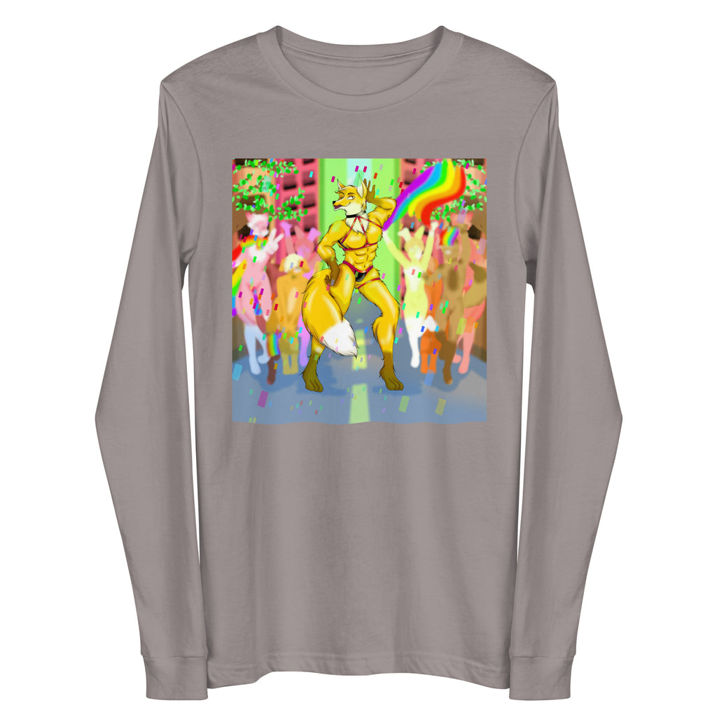 Gray long-sleeve shirt with a colorful muscular fox furry dancing at Pride