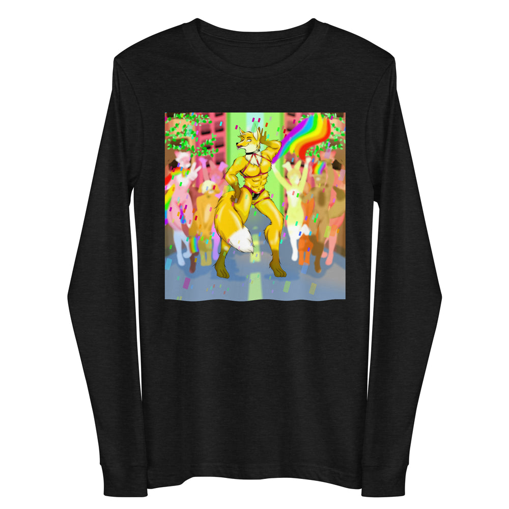 Black long-sleeve shirt with a colorful muscular fox furry dancing at a pride celebration