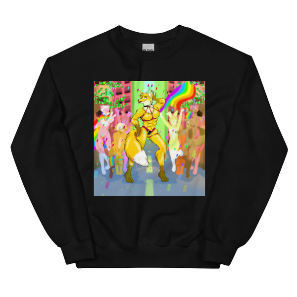 Front view of a black sweatshirt with a colorful muscular fox in rainbow-themed party art