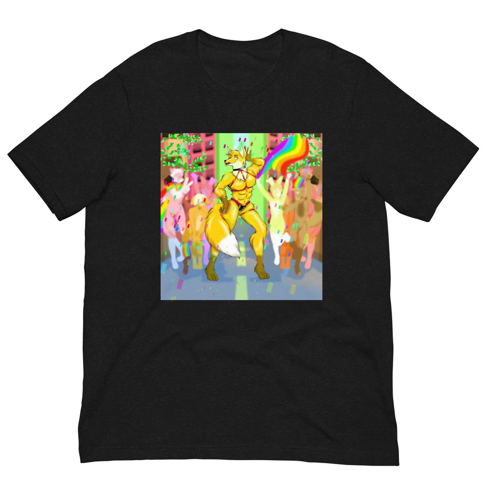 Front view of a black T-shirt with a colorful muscular fox furry in a rainbow Pride scene