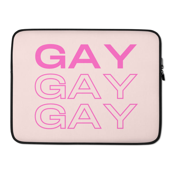 Pale pink laptop sleeve with black edging and pink “GAY GAY GAY” lettering