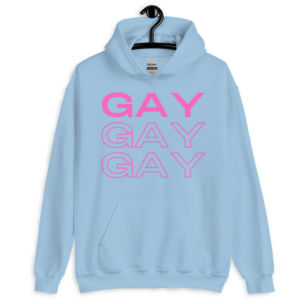 Front-view light blue hoodie on a hanger with pink “GAY” repeated three times