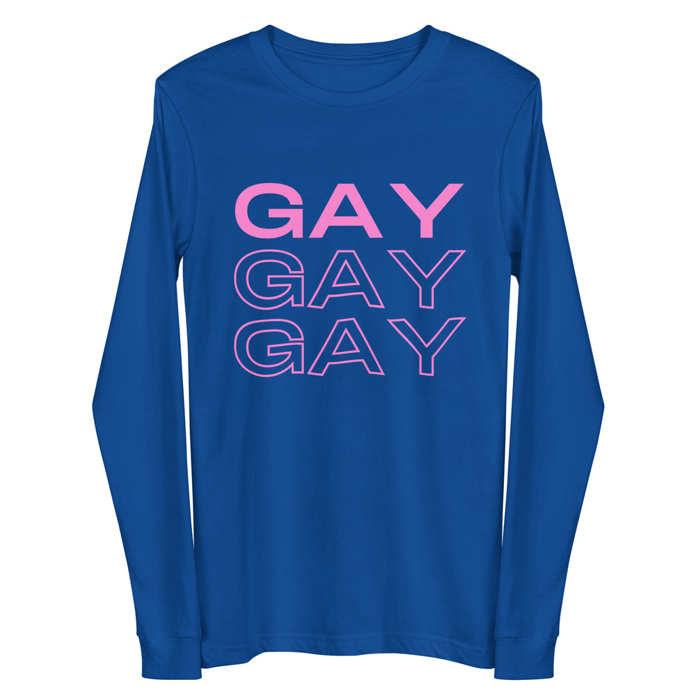 Front view of a royal-blue long-sleeve shirt with pink “GAY” repeated three times