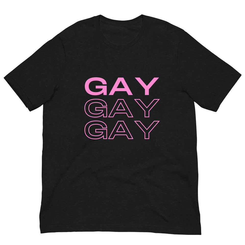Front view of a black T-shirt with the word “GAY” printed three times in pink