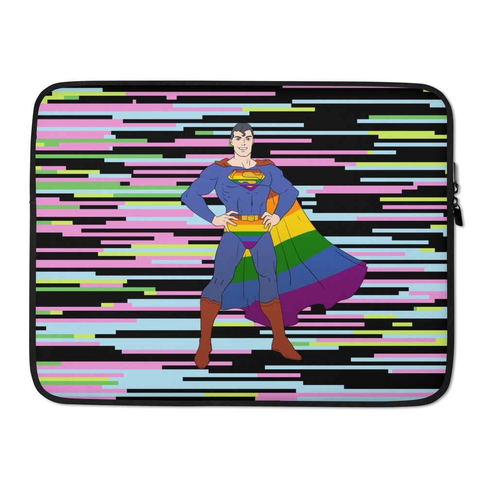Gay Geek Laptop Sleeve on an acrylic stand, with Superman in a rainbow Pride cape, bold colorful stripes, and neon circuit board vibes.