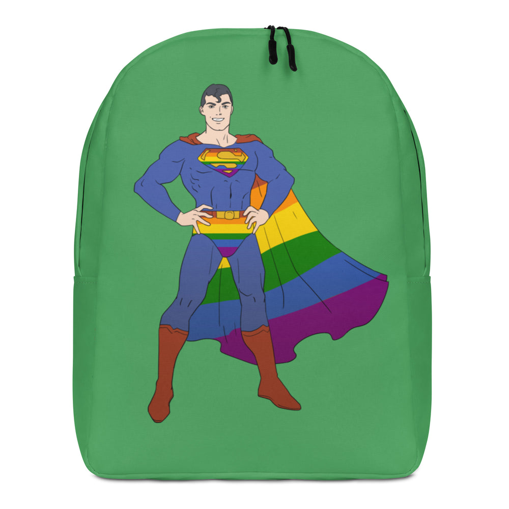 Front view of a green backpack with a rainbow-caped superhero illustration