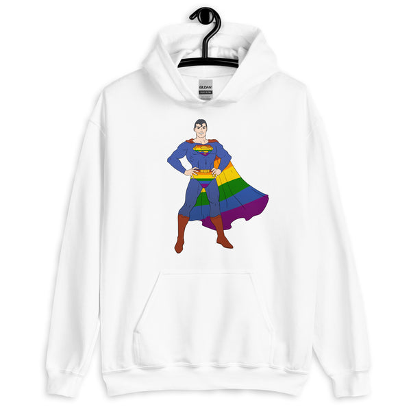 White pullover hoodie with a colorful Superman figure wearing a rainbow cape