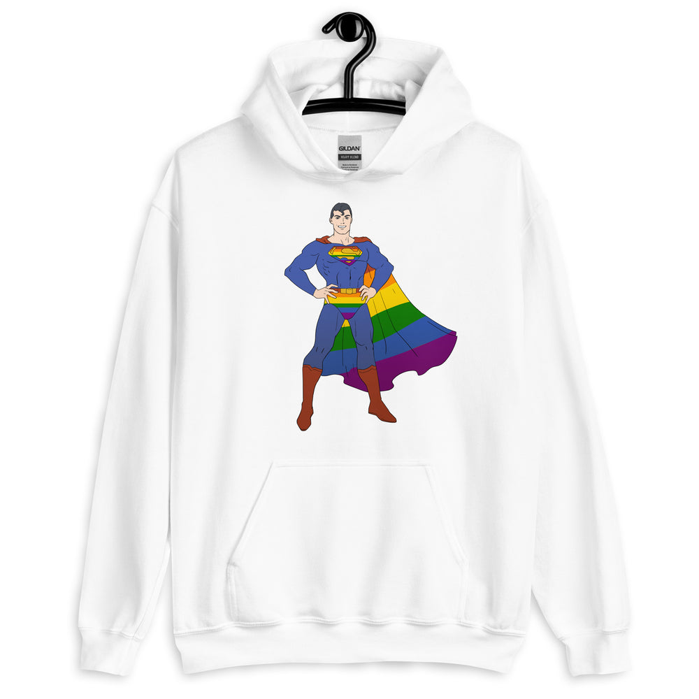 White pullover hoodie with a colorful Superman figure wearing a rainbow cape