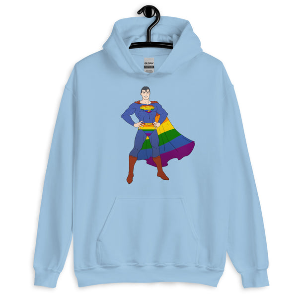 Front view of a light blue hoodie with a superhero wearing a rainbow cape