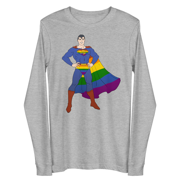 Front view of a gray long-sleeve shirt with a colorful superhero in a rainbow cape