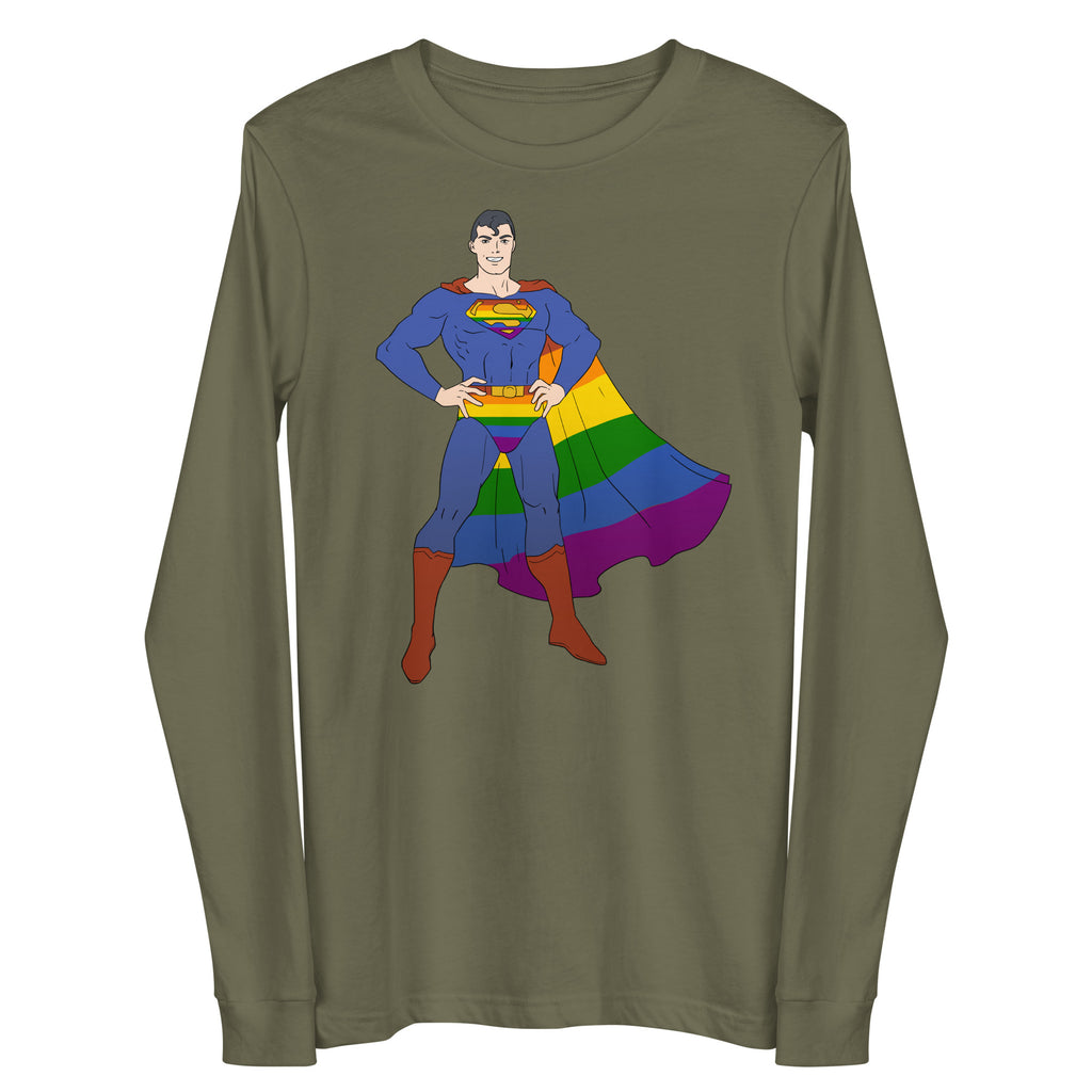 Front view of an olive-green long-sleeve shirt with a rainbow-caped superhero graphic