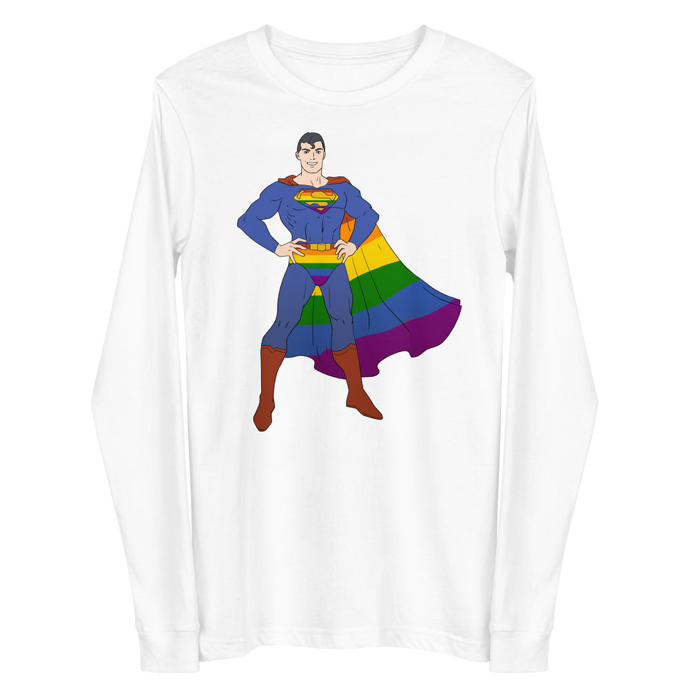 White long-sleeve shirt with a superhero in rainbow-striped gear and cape