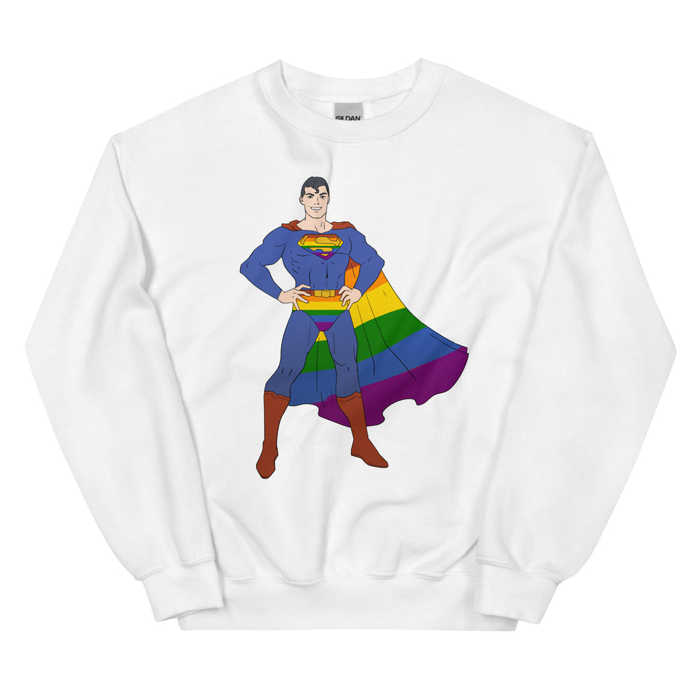 Front view of a white sweatshirt with a rainbow-caped superhero illustration