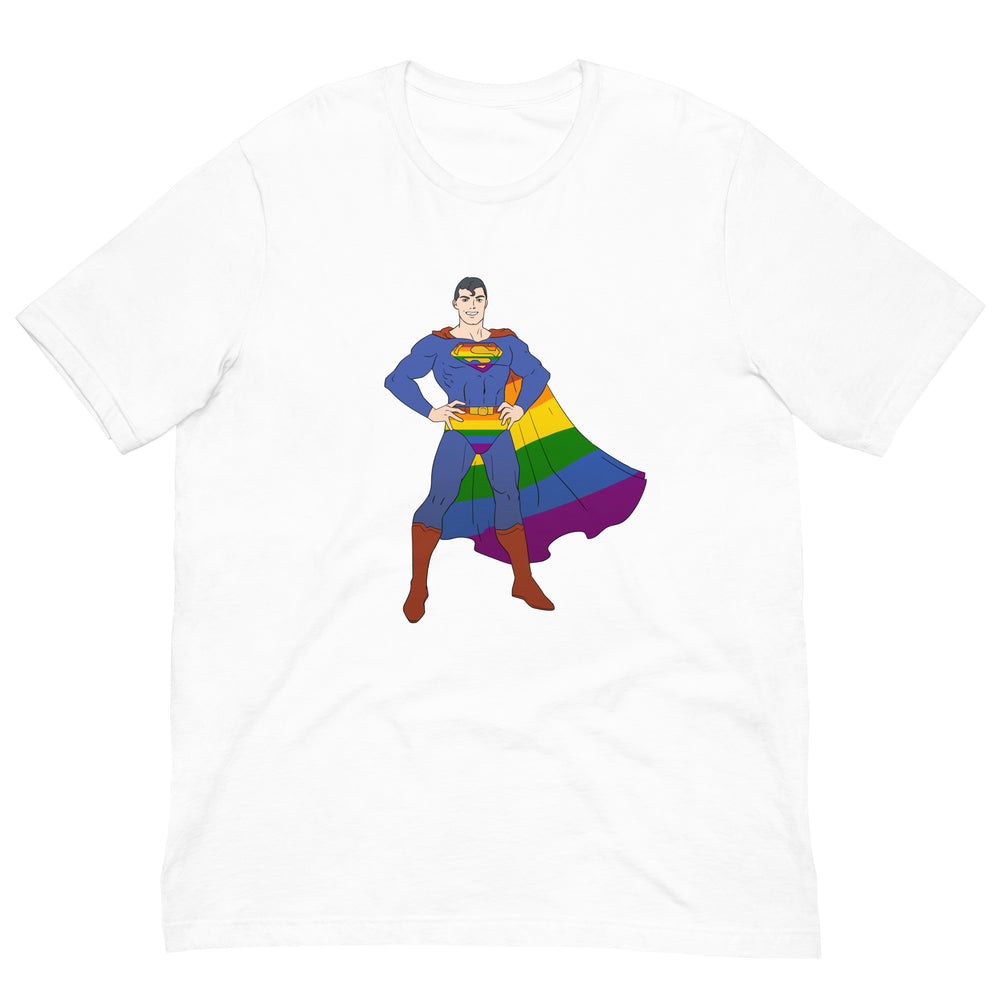 White T-shirt with a cartoon superhero in a rainbow cape and Superman-style emblem