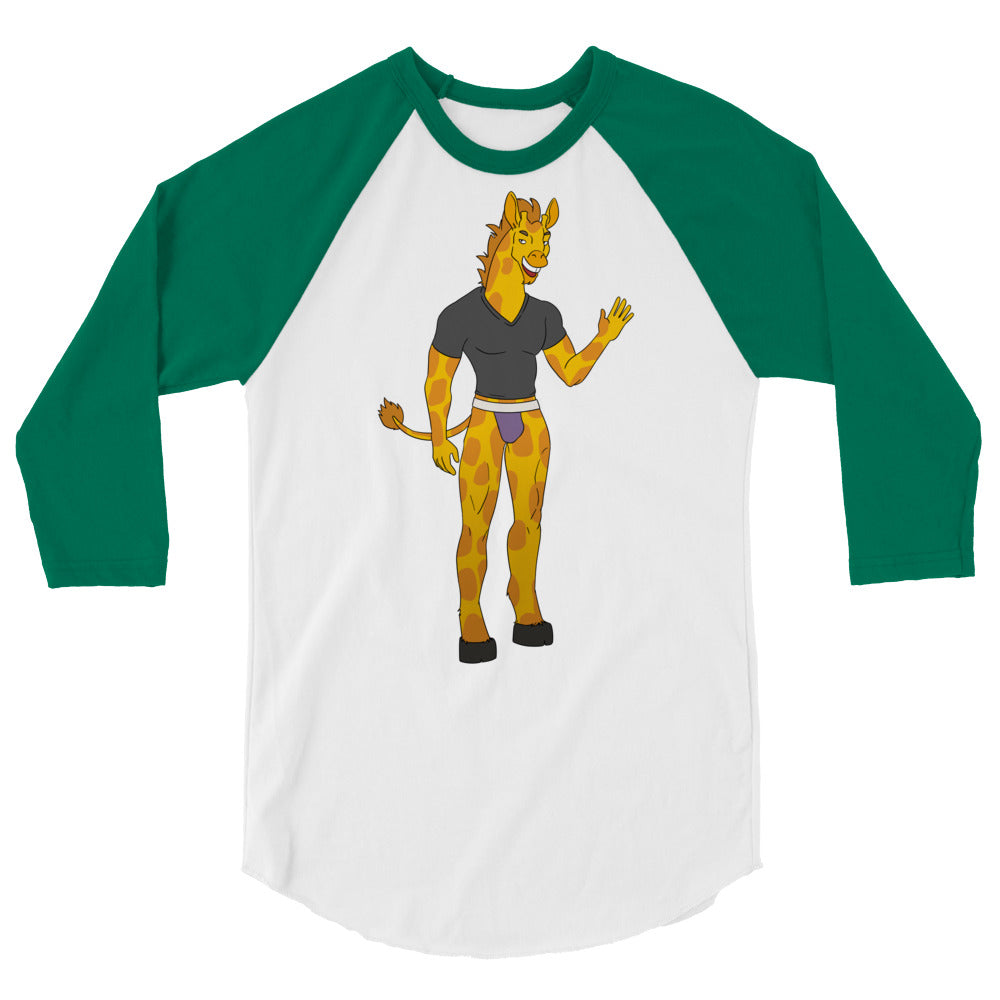 Front view of a white and green raglan shirt with a cartoon giraffe in dark clothing