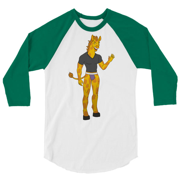 Front view of a white and green raglan shirt with a cartoon giraffe in dark clothing