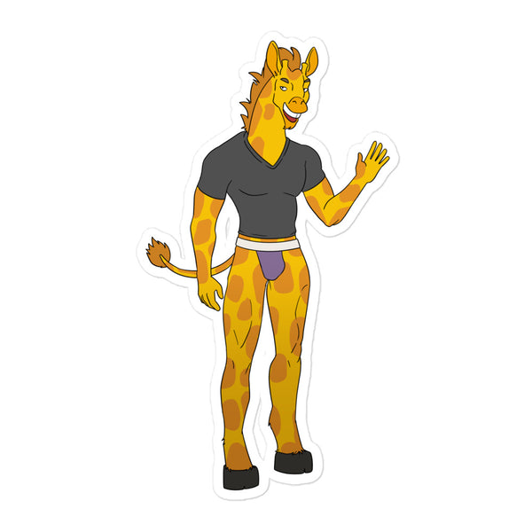 Giraffe character sticker wearing a black shirt and purple briefs, waving