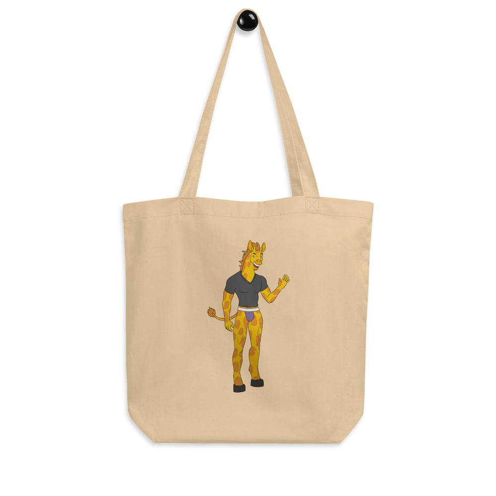 Natural canvas tote bag with a cartoon giraffe wearing a dark shirt and purple briefs