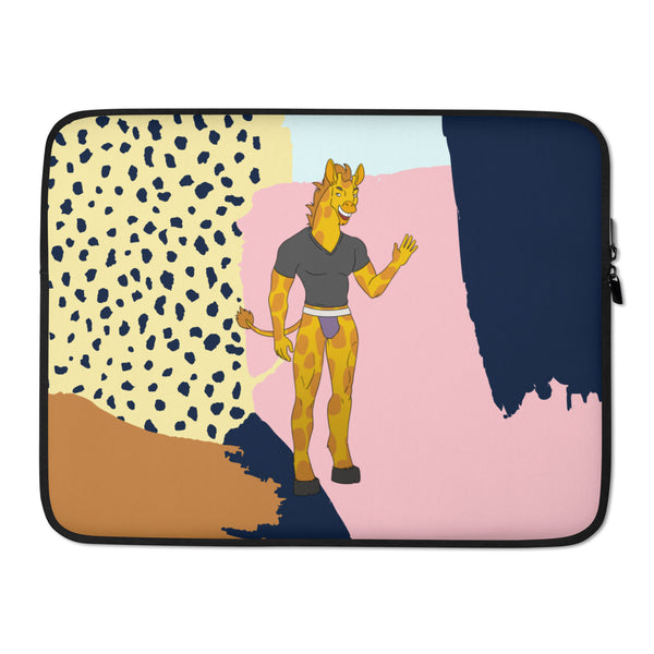 Laptop sleeve with a smiling cartoon giraffe in a gray shirt against pink, blue, and spotted panels