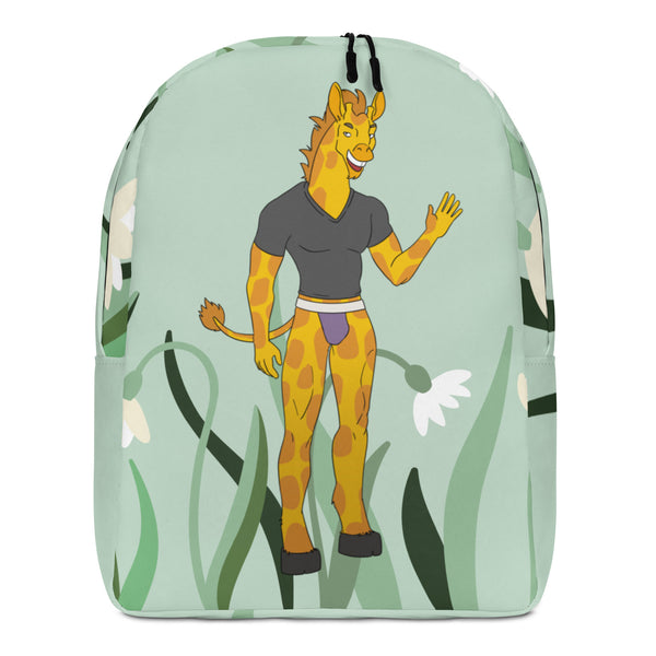 Front view of a mint green backpack with a smiling cartoon giraffe in a gray shirt and purple briefs