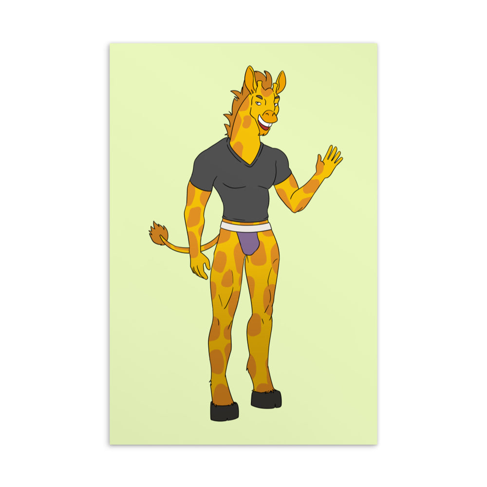 Postcard design showing illustrated giraffe in a black shirt and purple pouch, waving on a pale green background