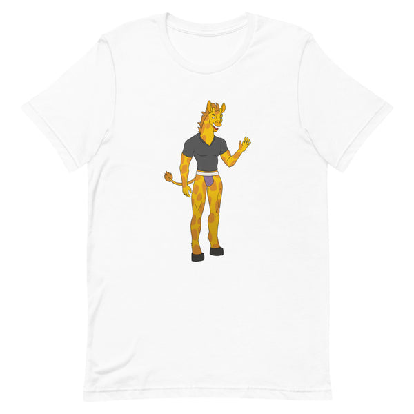 White T-shirt with a cartoon anthropomorphic giraffe wearing a black shirt