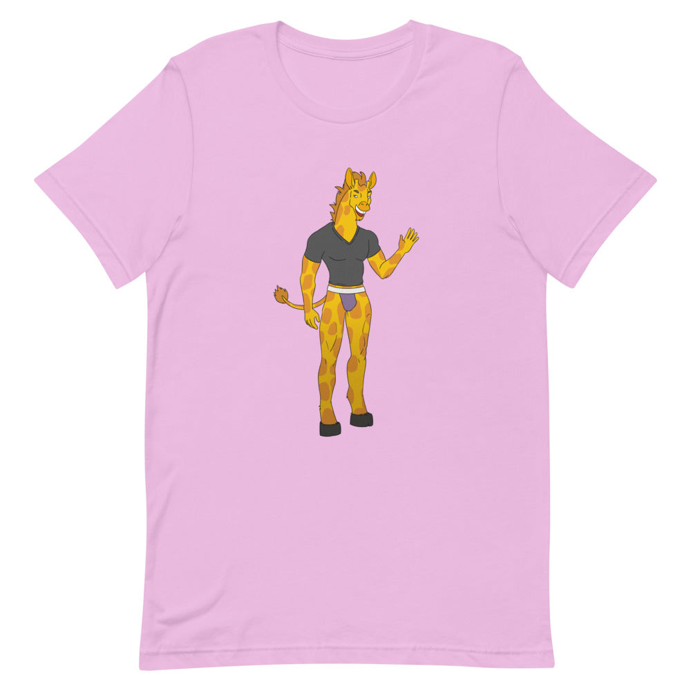 Front view of a lilac T-shirt with a cartoon giraffe wearing a black shirt and briefs