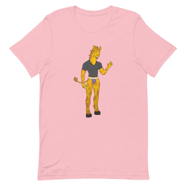 Front view of a pink T-shirt with a cartoon giraffe wearing a black shirt and briefs