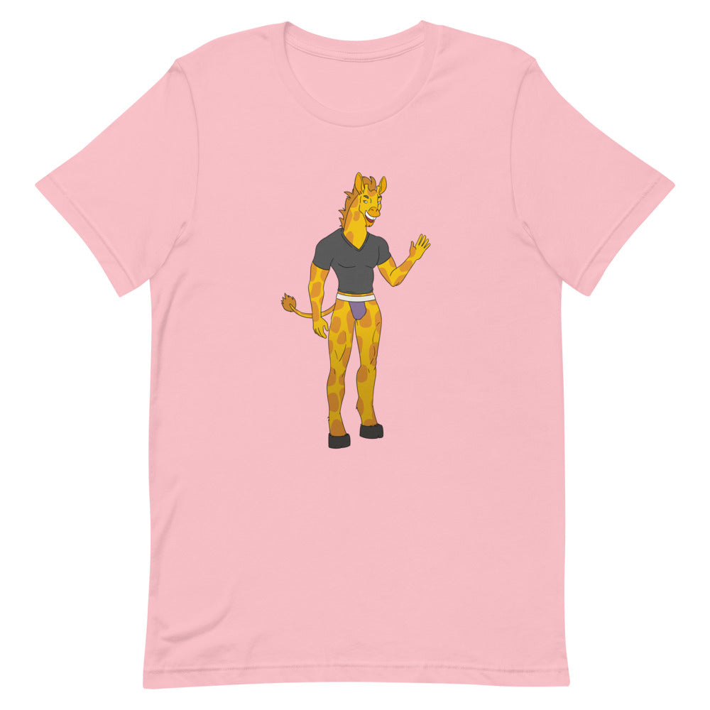 Front view of a pink T-shirt with a cartoon giraffe wearing a black shirt and briefs