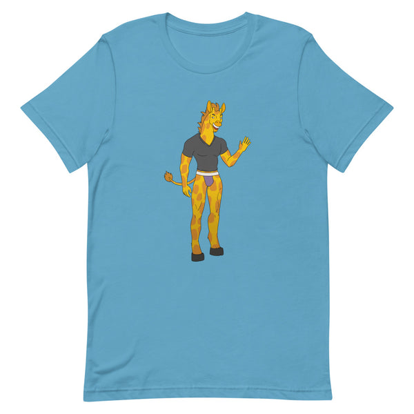 Ocean-blue T-shirt featuring a cartoon giraffe in a dark shirt and briefs