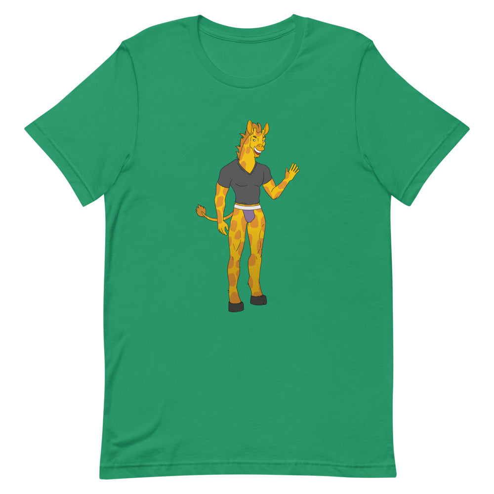 Front view of a green T-shirt with a cartoon giraffe wearing a dark shirt and briefs