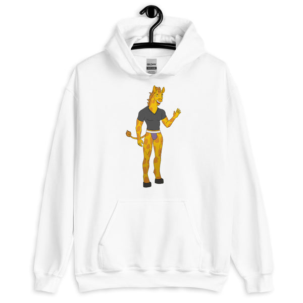 Front view of a white hoodie with a cartoon giraffe wearing a dark shirt and briefs