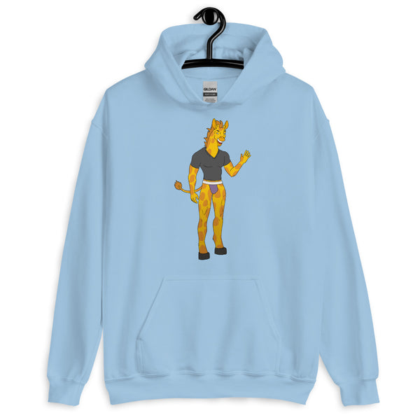 Front-view light blue hoodie with a cartoon giraffe in a dark shirt and briefs
