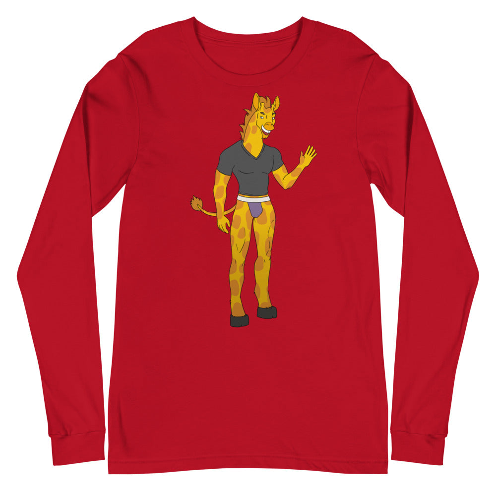 Red long-sleeve shirt with a cartoon giraffe in a dark shirt and briefs
